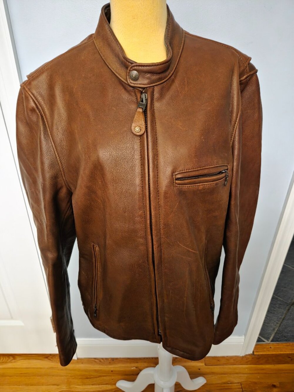 Schott NYC Waxed Natural Pebbled Cowhide Cafe Racer Jacket